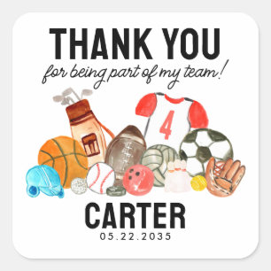 Sticker Carré Bals de sport mignons Merci Anniversaire de enfant