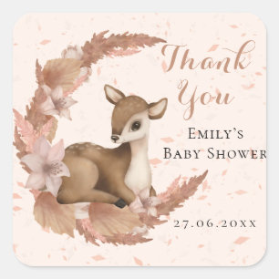 Sticker Carré Bambi & Fleurs Merci Baby shower rose pastel