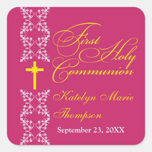 Sticker Carré Bande baroque Fuchsia Première communion sainte (Devant)