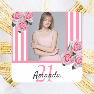 Sticker Carré Bande blanche rose florale photo anniversaire