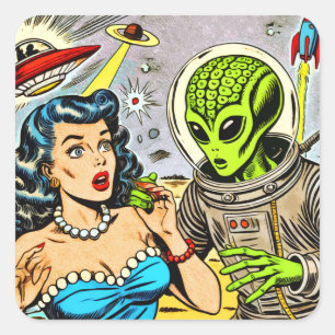 Sticker Carré Bande dessinée de science fiction Alien rétro