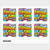Sticker Carré Bande dessinée pour fille d'anniversaire (Feuille)