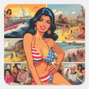 Sticker Carré Bande dessinée pour filles été vintage