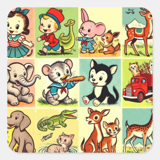 Sticker Carré Bande dessinée Retro Cute Animaux (Devant)