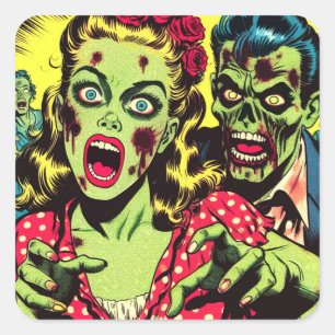 Sticker Carré Bande dessinée rétro Zombie Couple