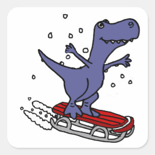 Sticker Carré Bande dessinée Sledding de dinosaure drôle de