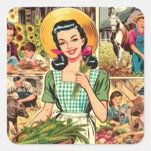Sticker Carré Bandes dessinées de femme agricultrice rétro
