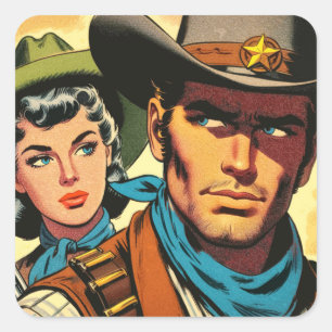 Sticker Carré Bandes dessinées rétro Cowboy/Cowgirl