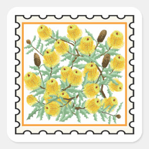 Sticker Carré Banksias jaunes art timbre australien