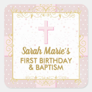 Sticker Carré Baptême 1er Anniversaire Pink Gold Texte Polka Poi
