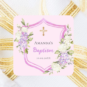 Sticker Carré Baptême crête rose fleurs violet fille