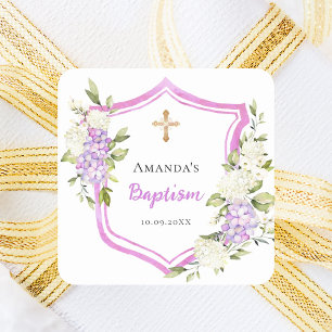 Sticker Carré Baptême crête rose fleurs violet fille