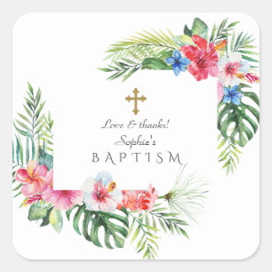 Sticker Carré Baptême du cadre floral tropical exotique hawaïen