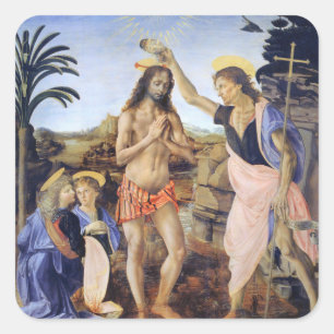 Sticker Carré Baptême du Christ par Verrocchio, Léonard de Vinci