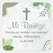 Sticker Carré Baptême en espagnol Bautismo Boho Feuilles verts (Devant)