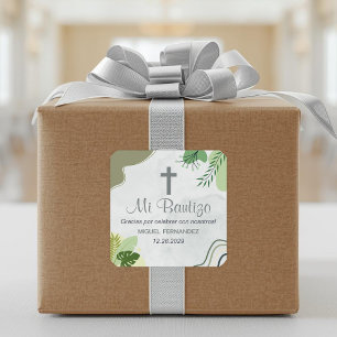 Sticker Carré Baptême en espagnol Bautismo Boho Feuilles verts