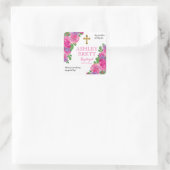 Sticker Carré Baptême | Fille rose Rose d'aquarelle | Croix (Sac)