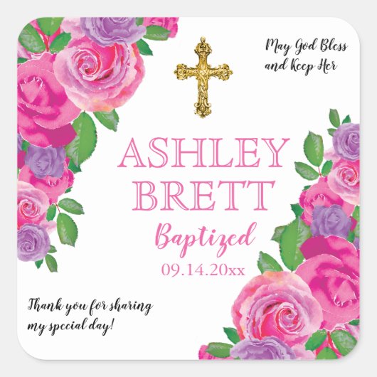 Sticker Carré Baptême | Fille rose Rose d'aquarelle | Croix (Devant)
