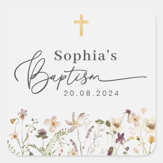 Sticker Carré Baptême fleur sauvage (Devant)