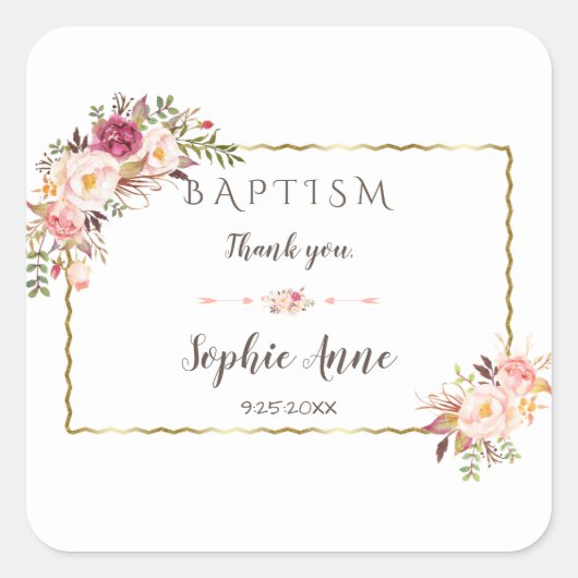 Sticker Carré Baptême floral rose rose glamour (Devant)