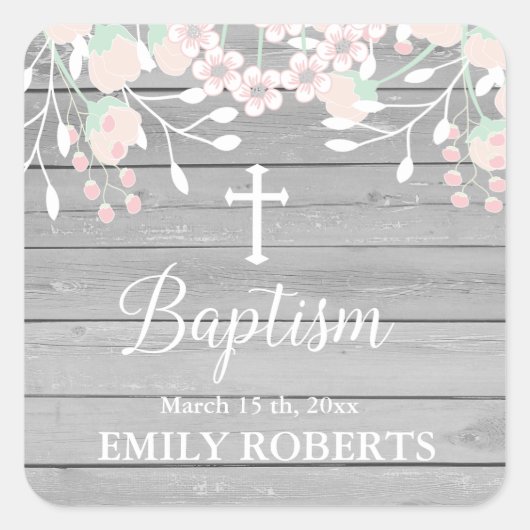 Sticker Carré Baptême floral rustique gris (Devant)