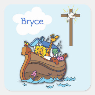 Sticker Carré Baptême personnalisable de bébé Arche de Noé, garç