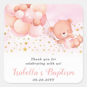Sticker Carré Baptême rose Teddy Bear Merci Le Baptême favorise