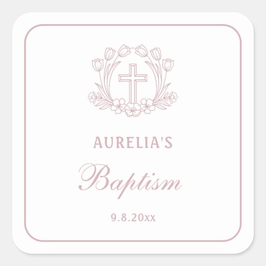 Sticker Carré Baptême simple de croix rose florale (Devant)