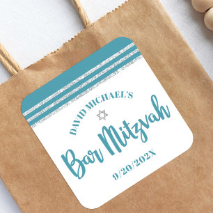 Sticker Carré Bar Mitzvah Bleu Turquoise Argent Tallit Écriture 