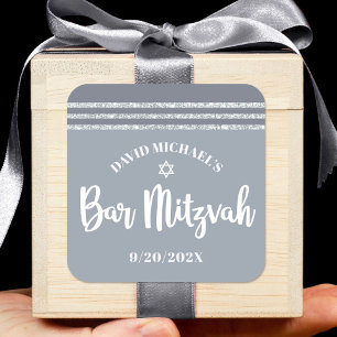 Sticker Carré Bar Mitzvah Moderne Talit Gris Argenté Écriture Gr