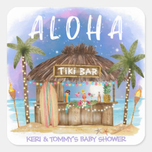 Sticker Carré Bar Tiki Beach Tropical Surf et Sea Baby Shower
