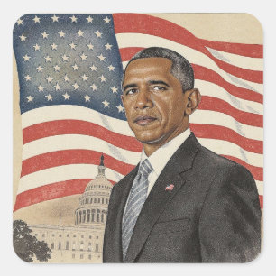 Sticker Carré Barack Obama devant le drapeau américain et le Cap