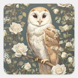 Sticker Carré Barn Owl Et White Roses William Morris Inspiré