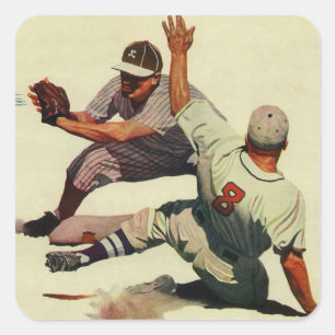 Sticker Carré Baseball Sportif Vintage, Joueur Glissant vers le 