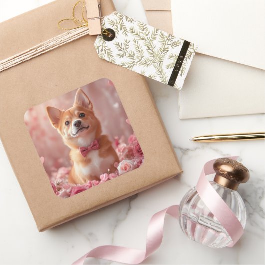 Sticker Carré Basenji avec Rose - Saint Valentin (Cadeaux)
