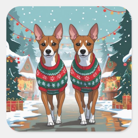 Sticker Carré Basenji Dogs Christmas Snow Holiday (Devant)