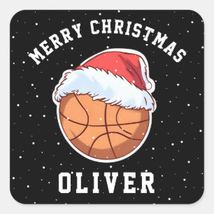 Sticker Carré Basket Ball Santa Chapeau Nom Joyeux Noël