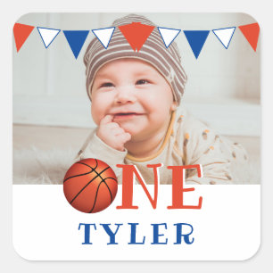 Sticker Carré Basketball Ball ONE Photo 1er anniversaire