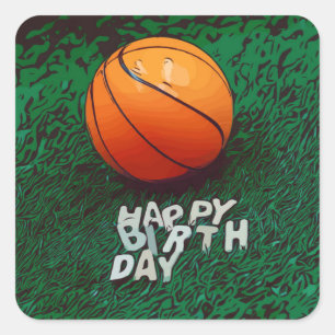 Sticker Carré Basketball Joyeux Anniversaire avec basket-ball su