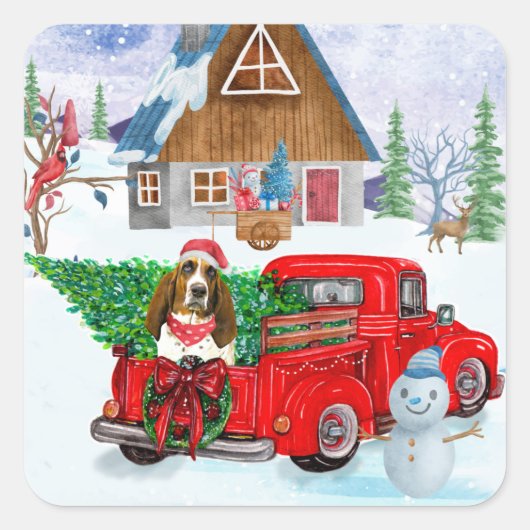 Sticker Carré Basset Hound chien dans la livraison de Noël Camio (Devant)