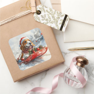 Sticker Carré Basset Hound Dog in Sledge Let it Neige Noël