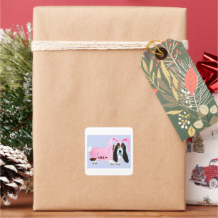 Sticker Carré Basset Hound en tenue de lapin rose