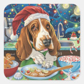 Sticker Carré Basset Hound Gîtes : Noël festif (Devant)