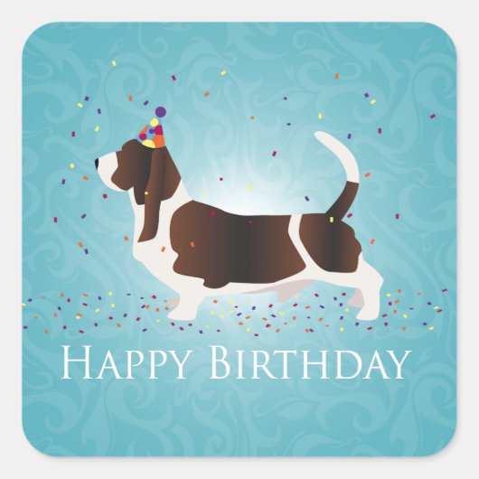 Sticker Carré Basset Hound Joyeux design d'anniversaire (Devant)