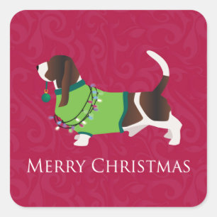 Sticker Carré Basset Hound Joyeux Noël Design