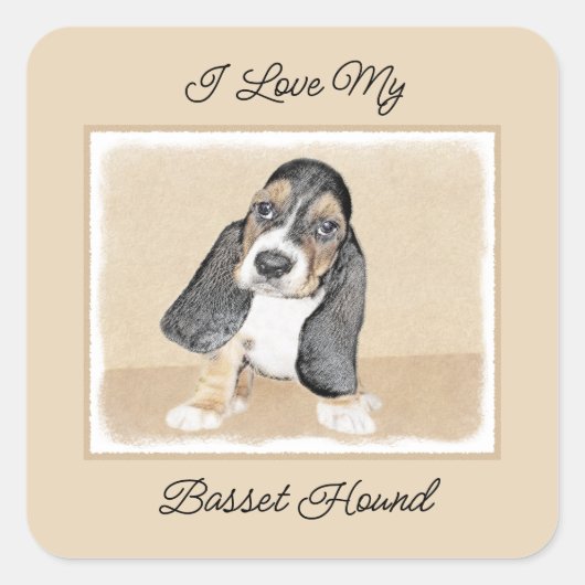 Sticker Carré Basset Hound Peinture Chiot - Art Chien original (Devant)