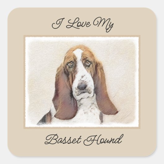 Sticker Carré Basset Hound Peinture - Cute Original Chien Art (Devant)