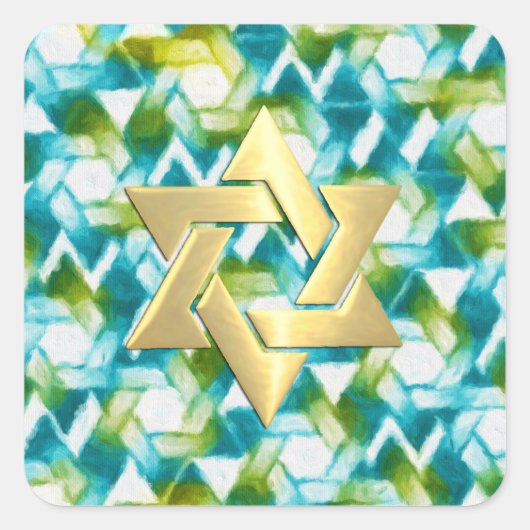 Sticker Carré Bat mitzvah Aqua Turquoise Green Star Damask (Devant)