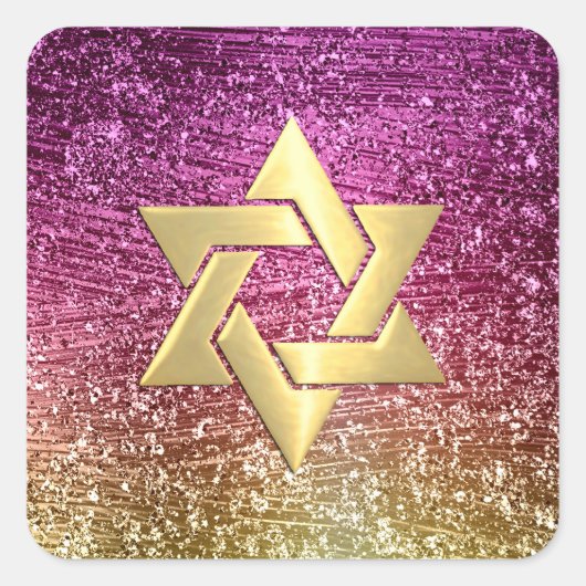 Sticker Carré Bat mitzvah Magenta Pink et Gold Glittery (Devant)