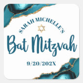 Sticker Carré Bat Mitzvah Moderne Turquoise Or Agate Script (Devant)